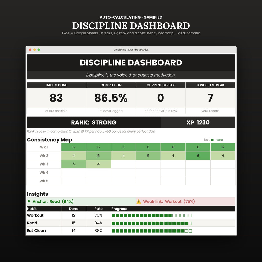 Discipline Dashboard — Gamified Habit Tracker for Excel & Google Sheets